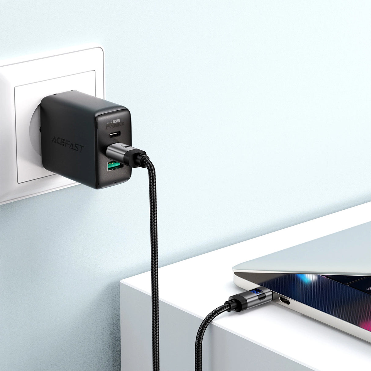 Acefast C15-03 USB-C - USB-C-kabel med display 480Mb/s 60W 1,2m - sort