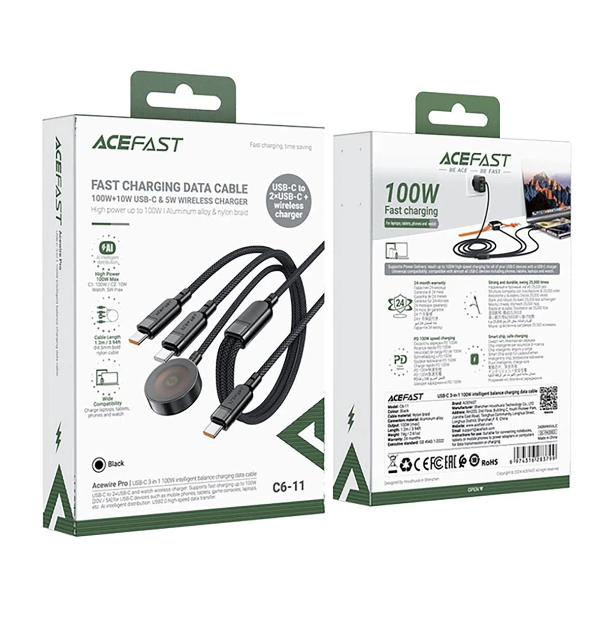 Acefast C6-11 USB-C 3in1 Kabel - 2x USB-C / Qi 480Mb/s 100W 1,2m - sort