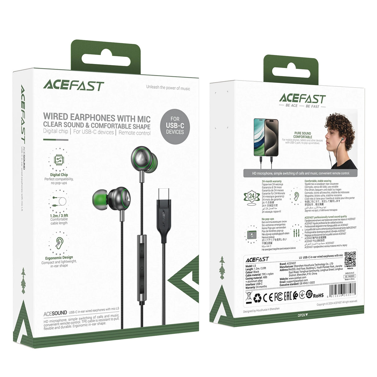 Acefast L5 Wired In-Ear Headphones USB-C 1.2m - sort
