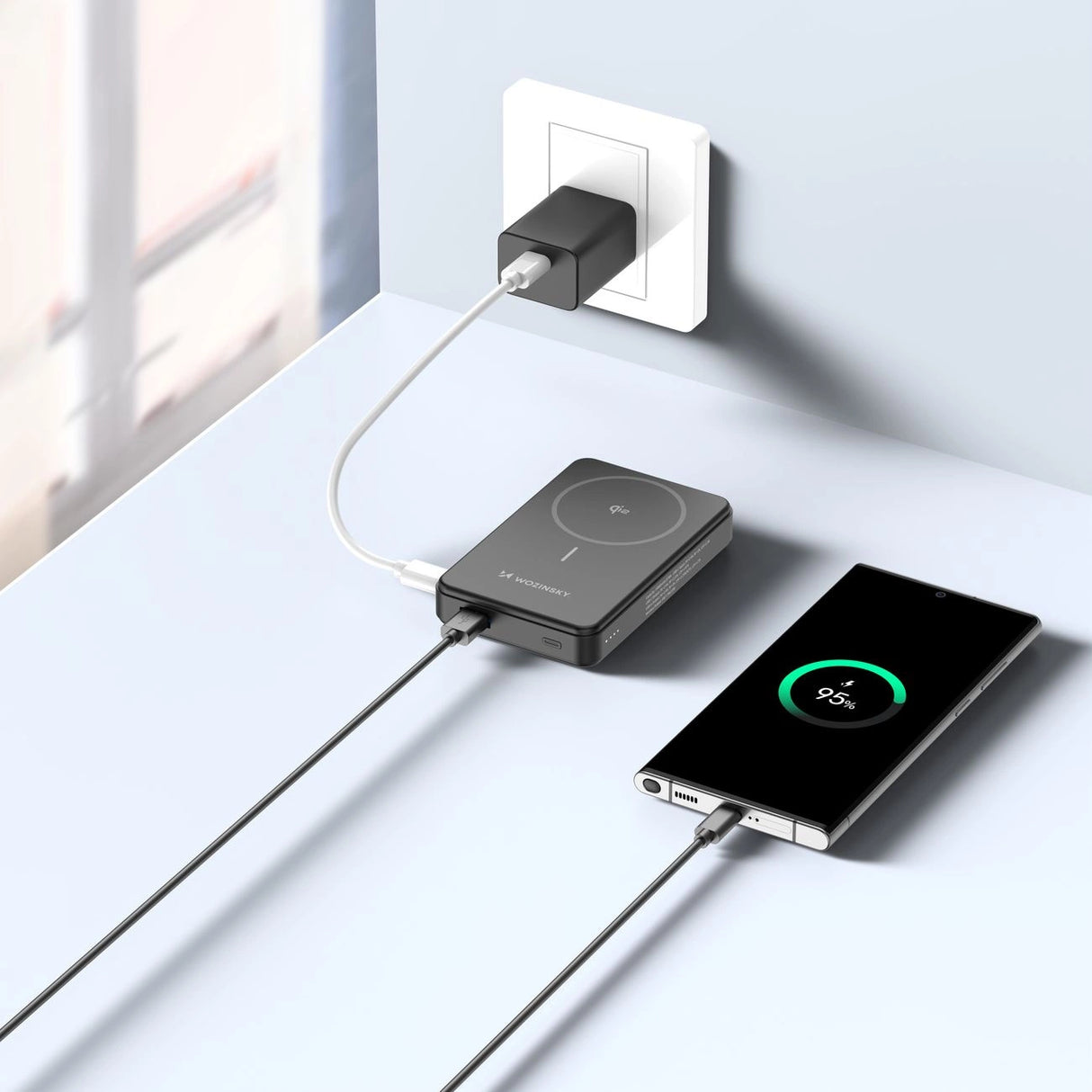 Powerbank Wozinsky WLWP-10KA0Y3S 22.5W PD Qi2 10000 mAh, med stativ, 1x USB-A, 1x USB-C - sort