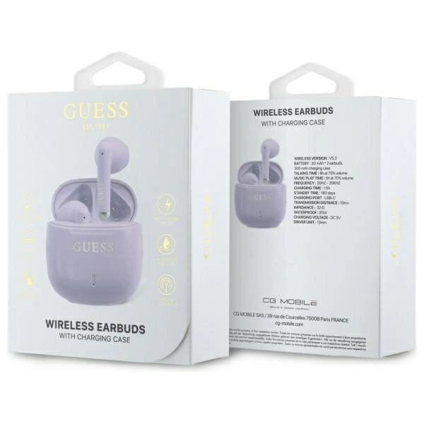 Guess Bluetooth-hovedtelefoner GUTWSJ14ESGU TWS + docking station lilla/lila Printet klassisk logo