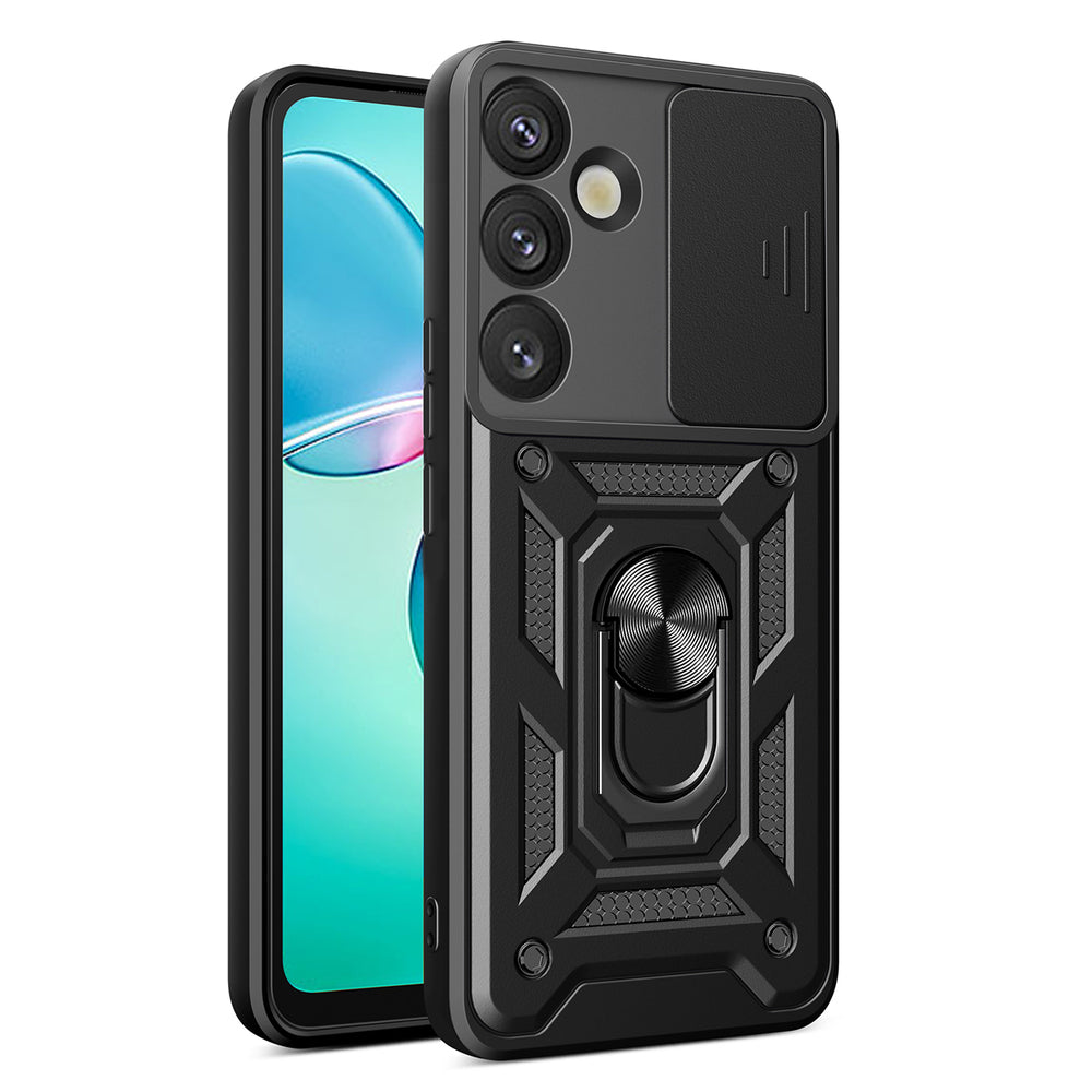Hybrid Armor Camshield med kameraomslag og metalring til Samsung Galaxy S25+ - sort