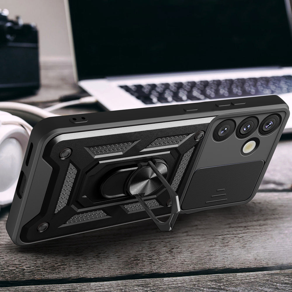 Hybrid Armor Camshield med kameraomslag og metalring til Samsung Galaxy S25+ - sort