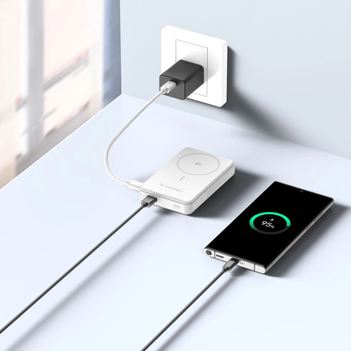 Powerbank Wozinsky WLWP-10KA0Y3WS 22.5W PD Qi2 10000 mAh, med stand, 1x USB-A, 1x USB-C - hvid