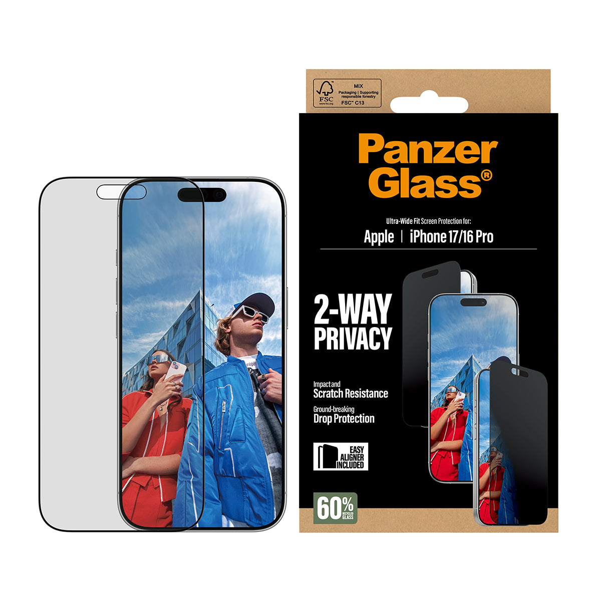 PanzerGlass ® 2-Way Privacy Skærmbeskyttelse iPhone 17 | iPhone 16 Pro | Ultra-Wide Fit m. EasyAligner