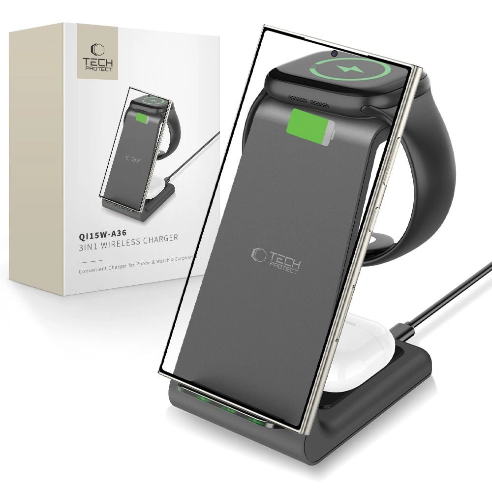 Tech-Protect QI15W-A36 3in1 opladningsstation til Android - sort