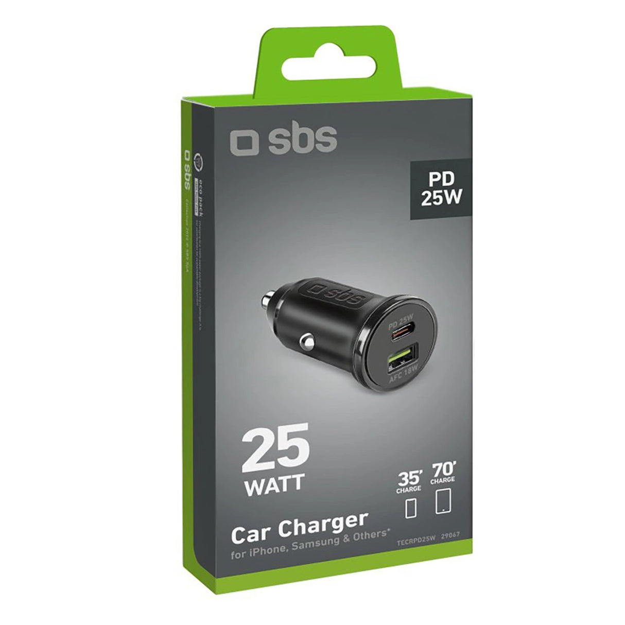 SBS TECRPD25W Biloplader 25W USB-A USB-C med strømforsyning - sort