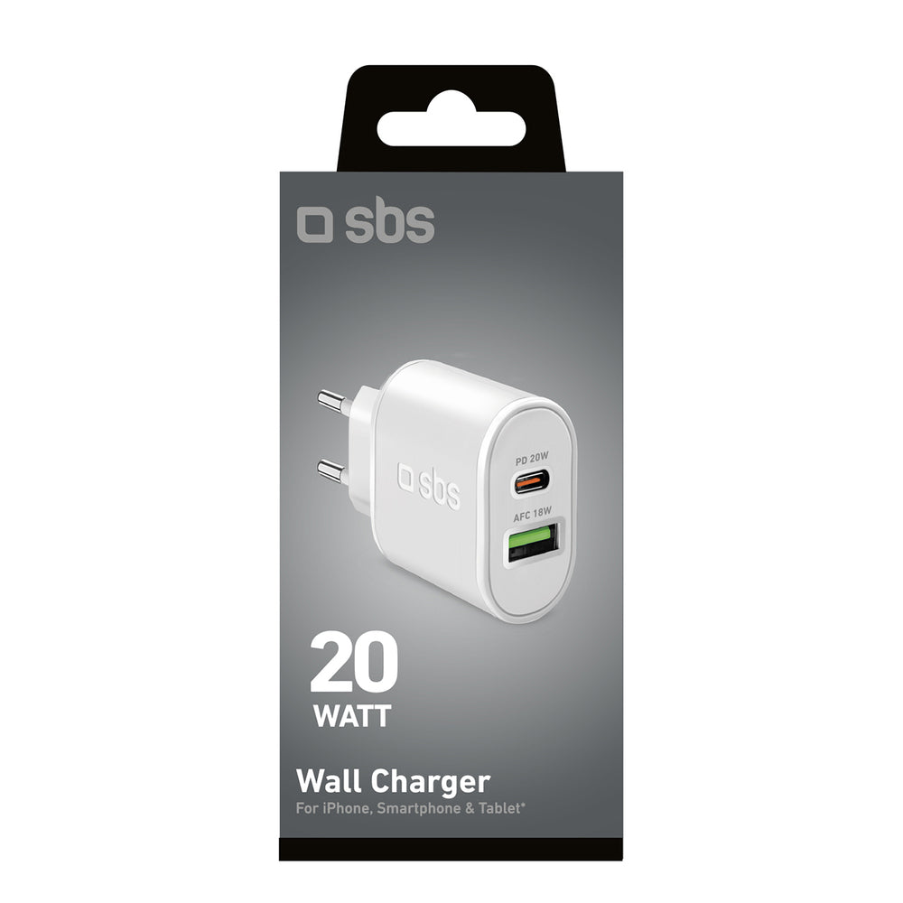 SBS TETRPD20W 20W USB-A USB-C Wall Charger med Power Delivery - hvid