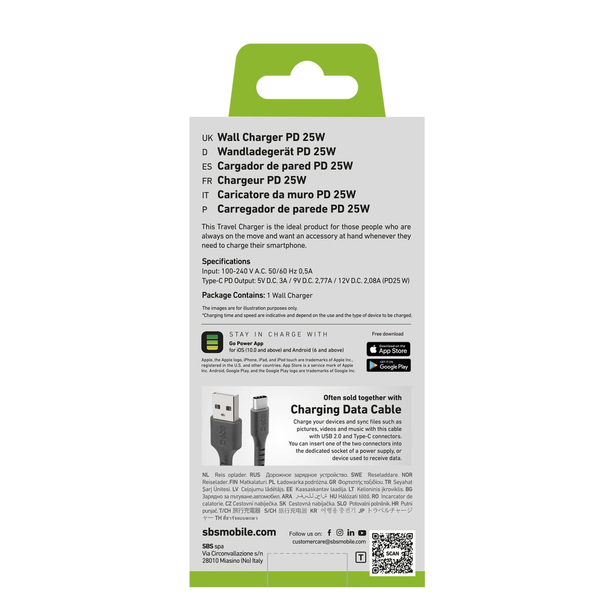 SBS TETR1CPD25 25W USB-C Wall Charger med Power Delivery - sort