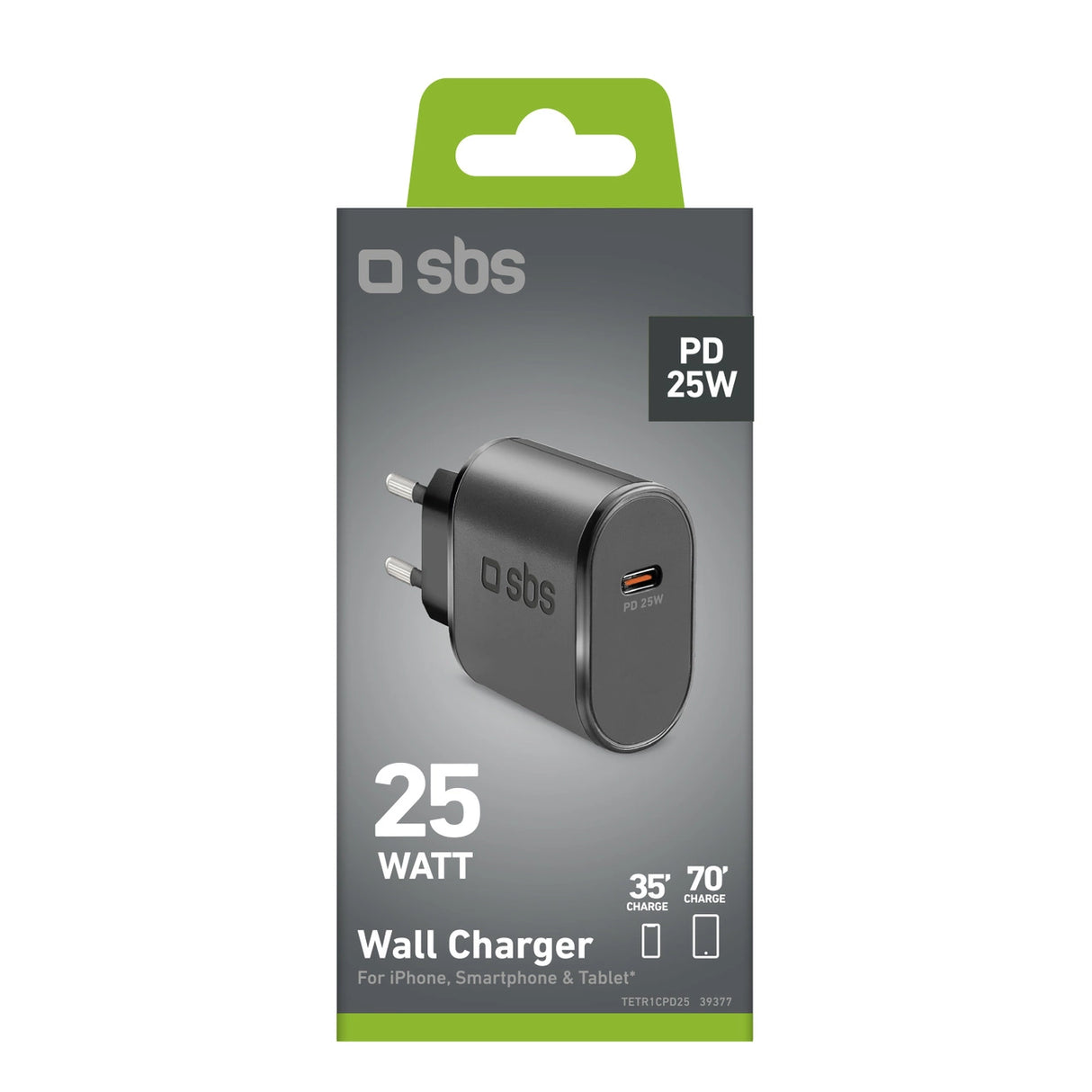 SBS TETR1CPD25 25W USB-C Wall Charger med Power Delivery - sort