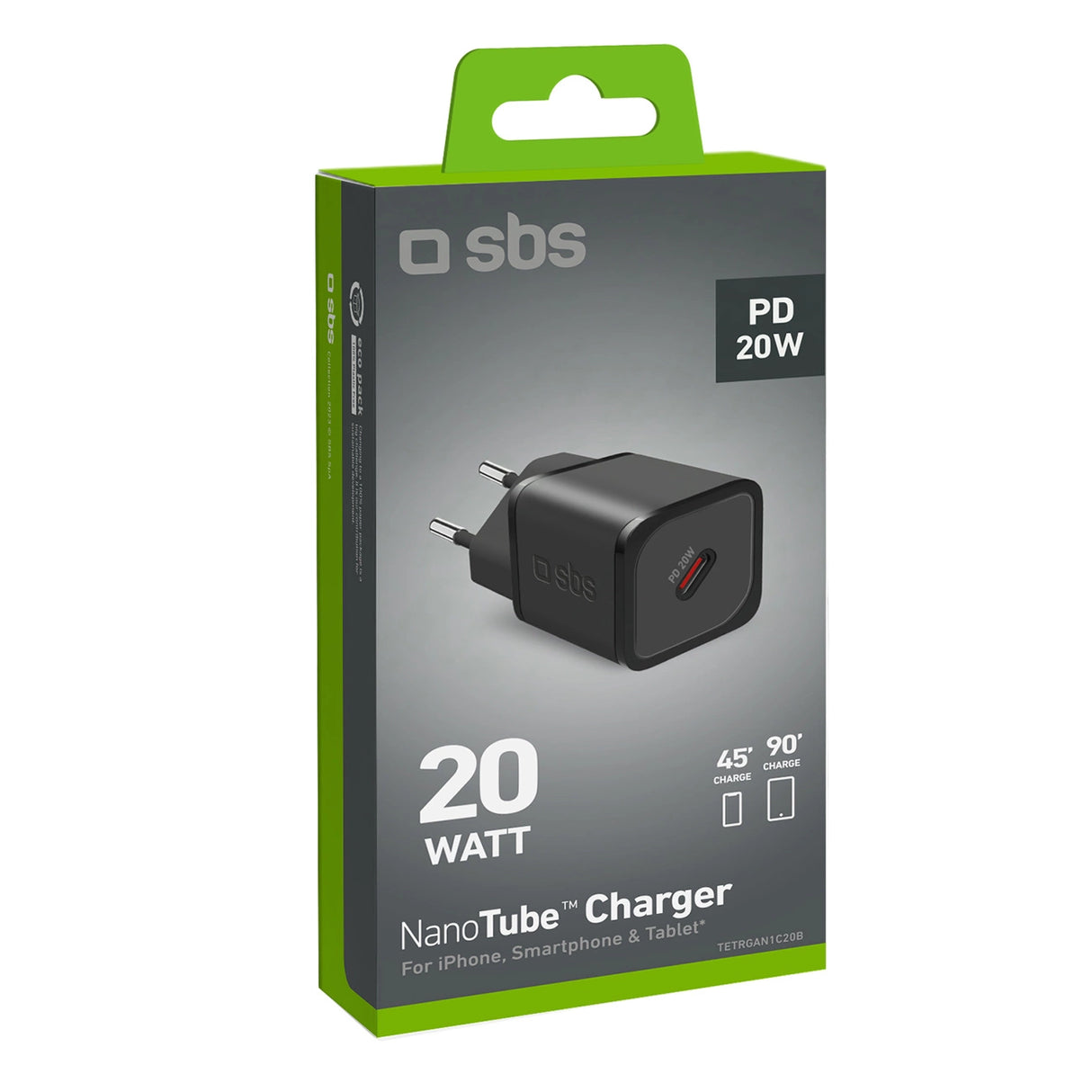 SBS TETRGAN1C20K 20W GaN USB-C Wall Charger med Power Delivery - sort