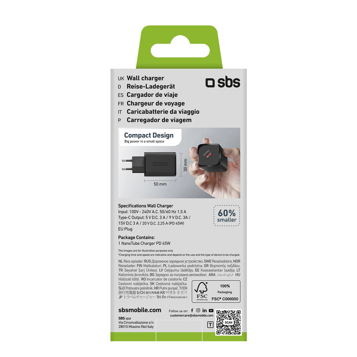 SBS TETRGAN1C45W 45W GaN USB-C Wall Charger med Power Delivery - sort