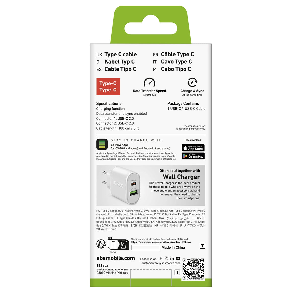 SBS TECABLETCC10W USB-C-kabel - USB-C-strømforsyning 25W 1 m - hvid