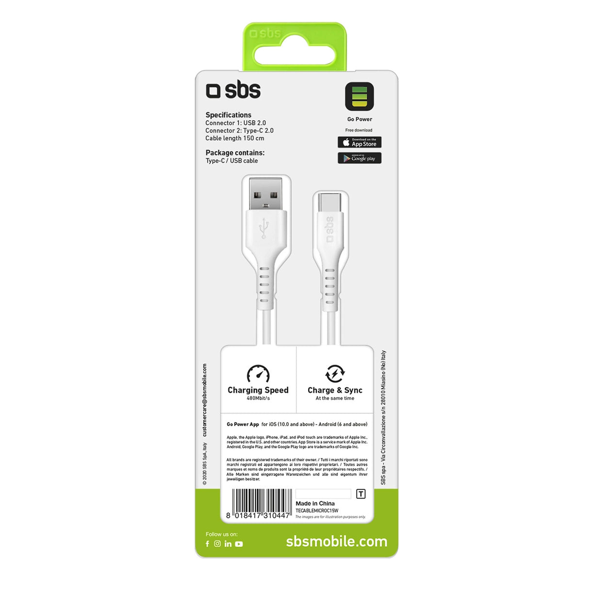 SBS TECLEMICROC15W USB-A - USB-C Kabel 1,5 m - Hvid