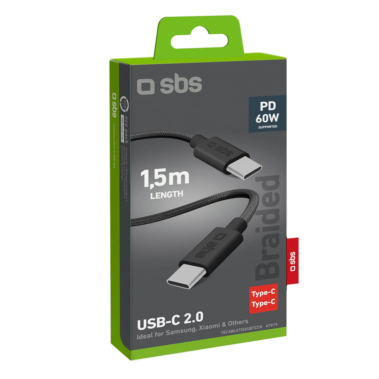 SBS TECABLETISSUETCK USB-C - USB-C 1,5 m 60 W flettet kabel - sort