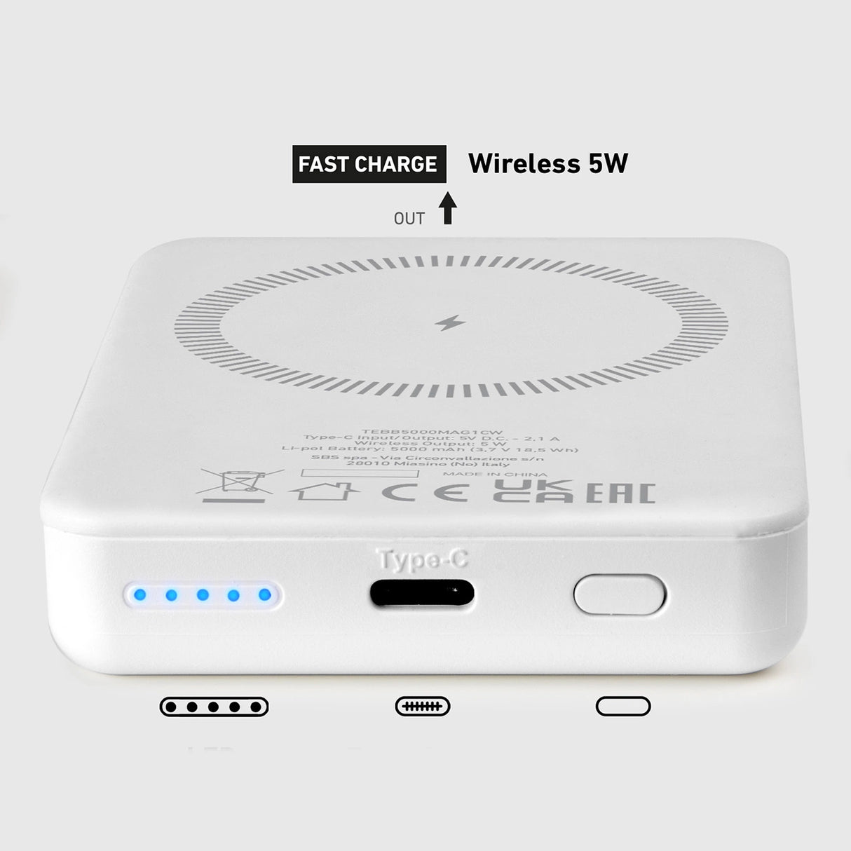 Powerbank SBS TEBB5000MAG1CW 5000 mAh USB-C, MagSafe kompatibel - hvid