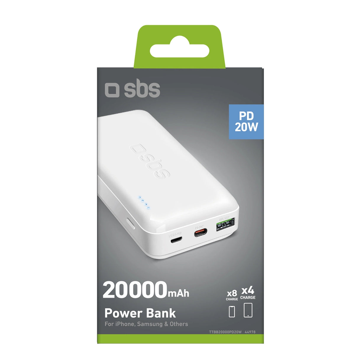 Powerbank SBS TTBB20000PD20W 20000 mAh 20W Power Delivery med MicroUSB, USB-C, USB-A - hvid