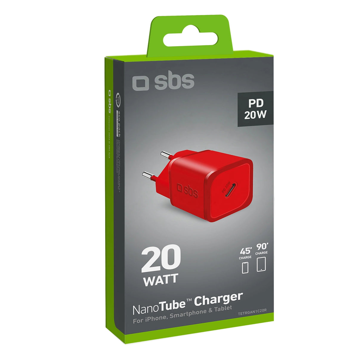 SBS TETRGAN1C20R 20W GaN Wall Charger med Power Delivery - Rød