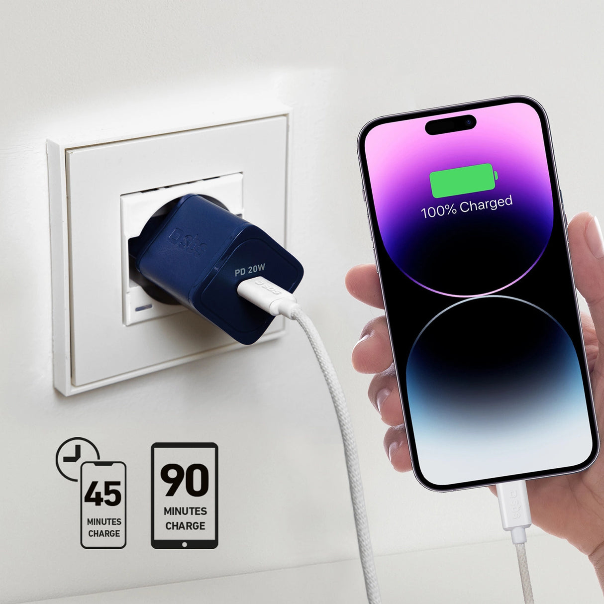 SBS TETRGAN1C20B 20W GaN Wall Charger med Power Delivery - Blå