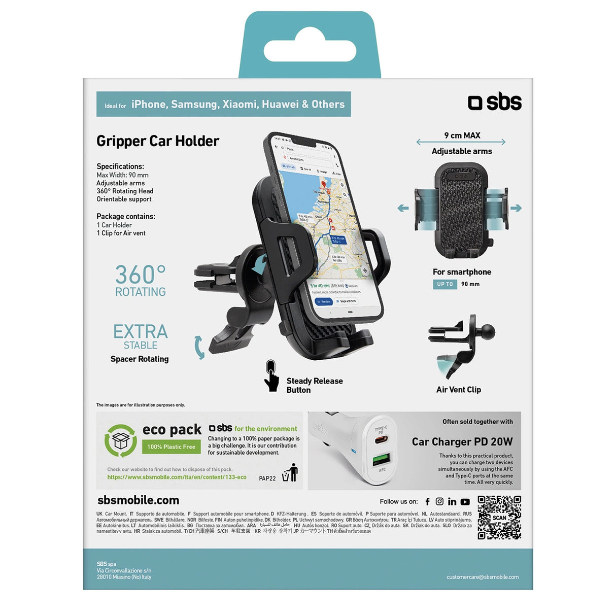 SBS TEHWSUPCLIPSTG smartphone holder til luftventil, med forstærkede kæber - sort