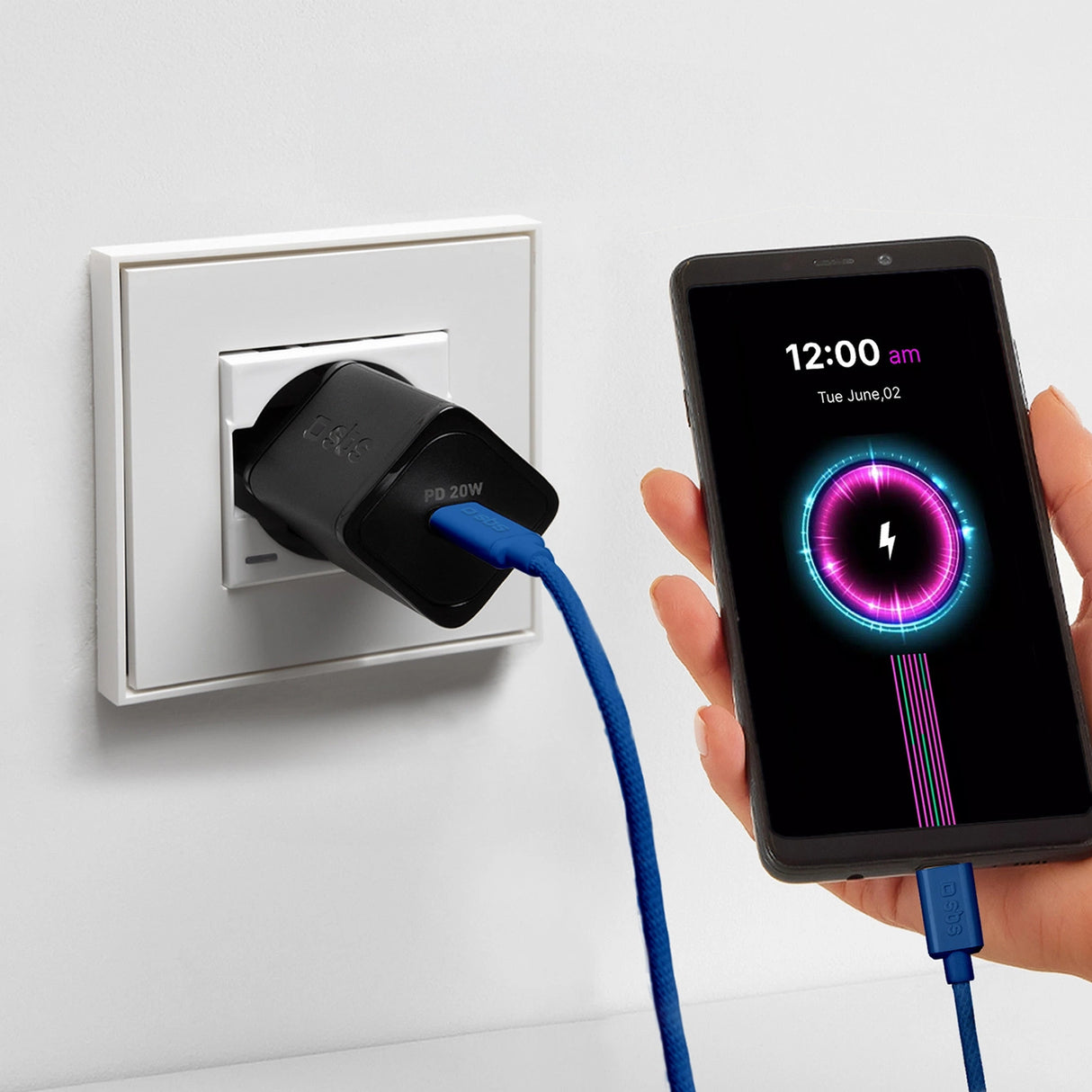 SBS TECABLETISSUETCCB USB-C - USB-C 1,5 m 60W flettet kabel - blå