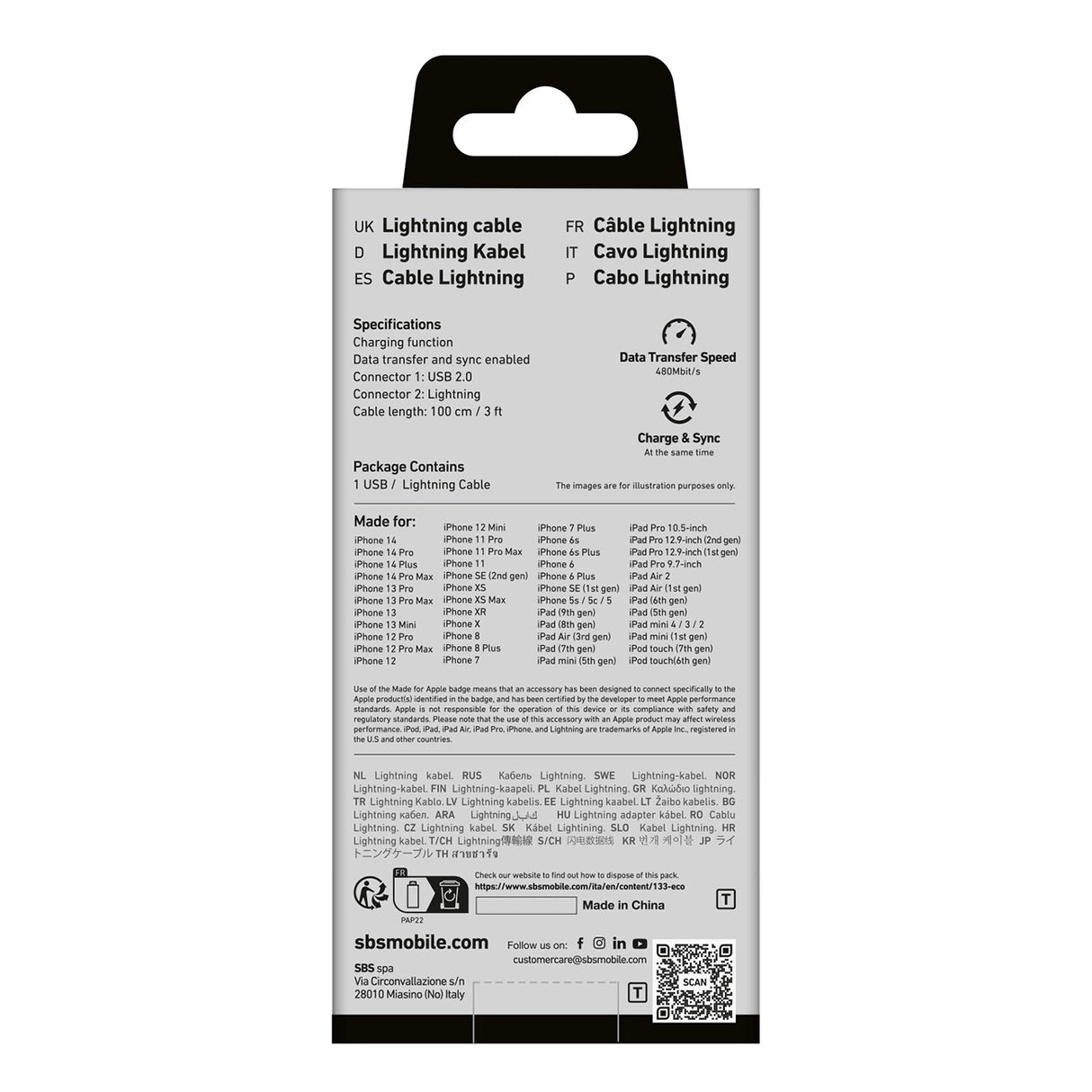 SBS TECABLEUSBIP589W USB-A - Lightning Cable - Hvid