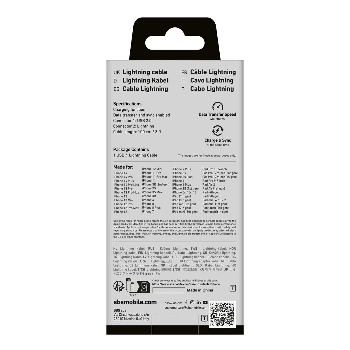 SBS TECABLEUSBIP589A USB-A - Lightning Cable - Blå