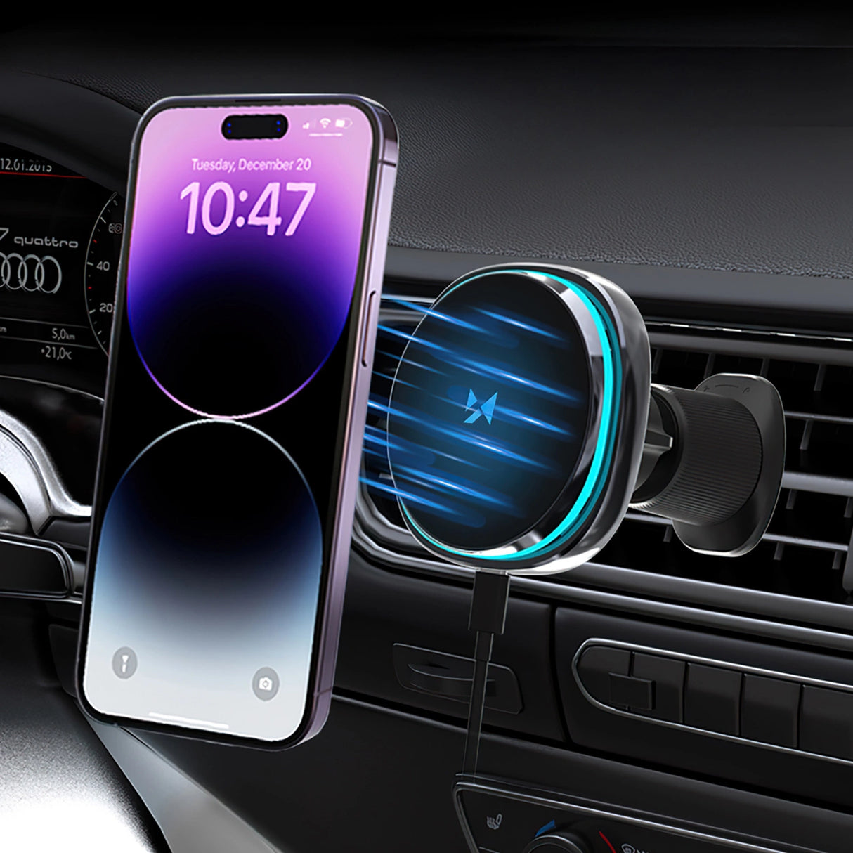 Wozinsky WCT5-Q6S2Y Bilholder med Qi/MagSafe 15W induktiv oplader til ventilationsgrill med ventilator - sort