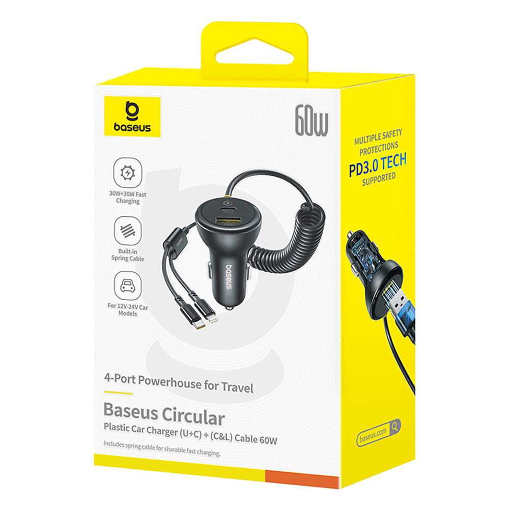 Baseus Circular 60W USB-A + USB-C Car Charger with Built-in Lightning + USB-C Cable 1.4m - Black