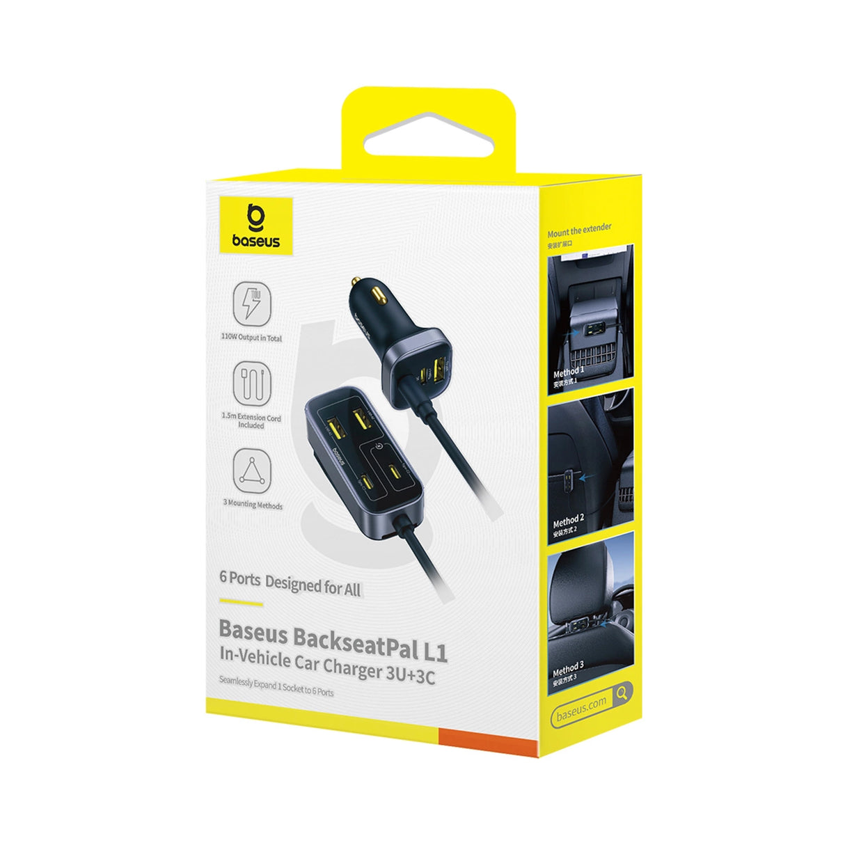 Baseus BackseatPal L1 110W Biloplader 3 x USB-A + 3 x USB-C med 1,5 m forlængerkabler - sort