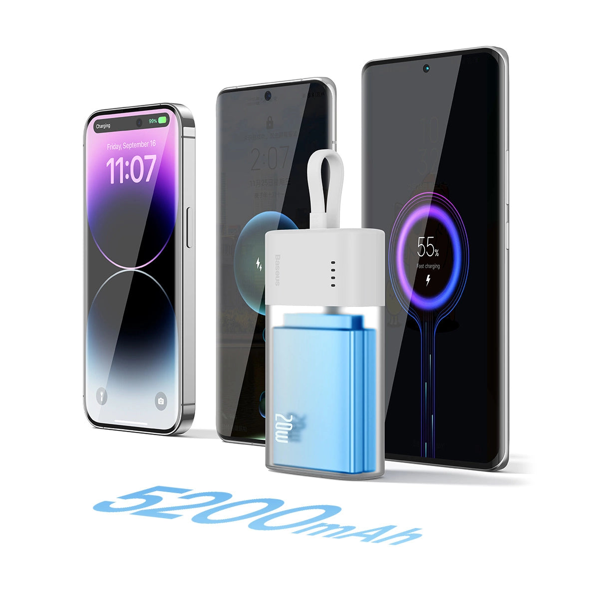 Baseus Popsicle 5200mAh 20W Powerbank med indbygget lynkabel (+ hvid Baseus Simple USB-C - USB-C 60W / 20V / 3A / 30cm kabel) - hvid-grøn