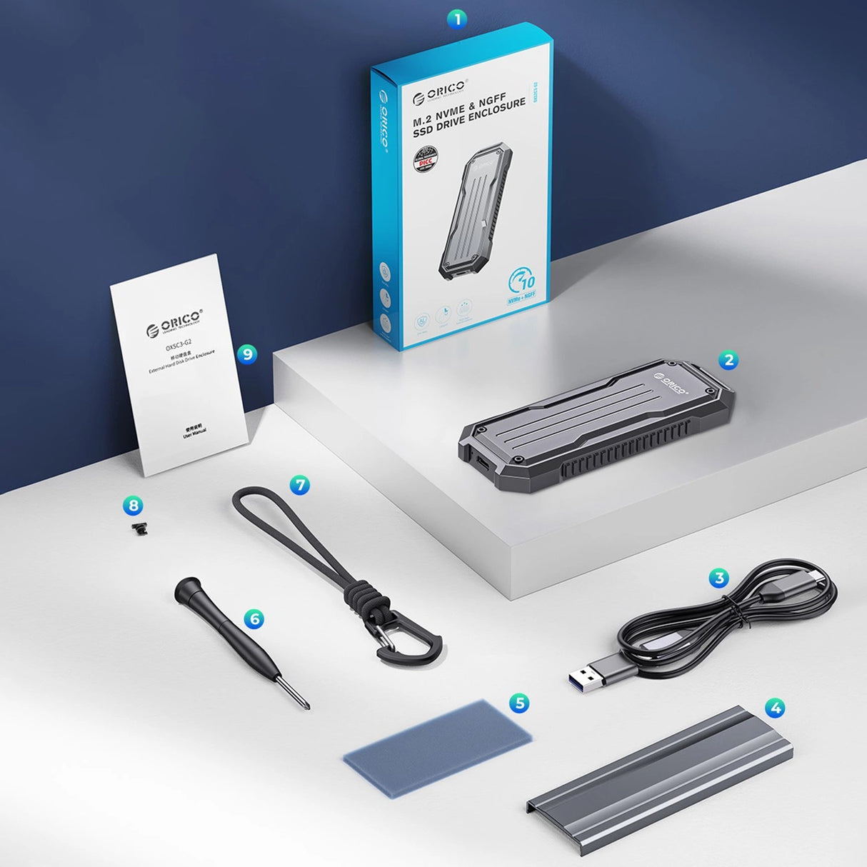 Orico OXS2C3-G2 M.2 NVMe/SATA SSD USB-C 3.2 Taktisk forstærket disk caddy - Grå