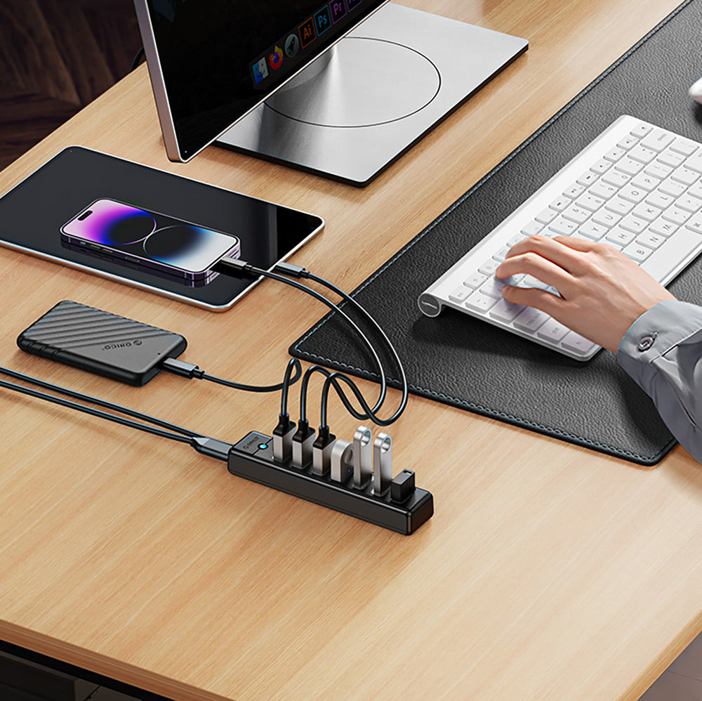 Orico PW7U-U3 hub 7x USB-A 3.0 + USB-C 5V/3A 1m - sort