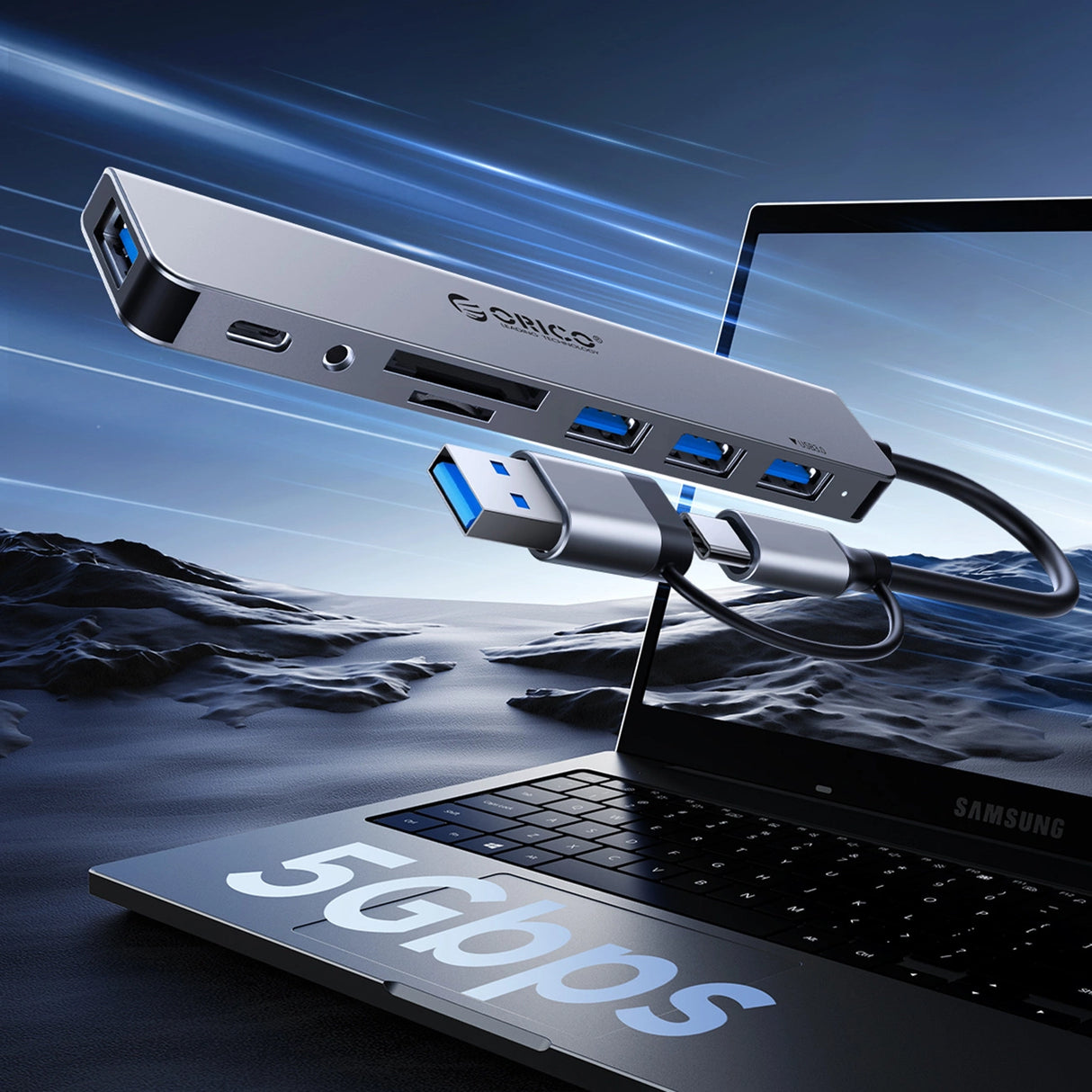 Orico YSA2-U3 USB-A/USB-C Hub Docking Station 1x USB-A 3.0 + 6x USB-A 2.0 - Grå