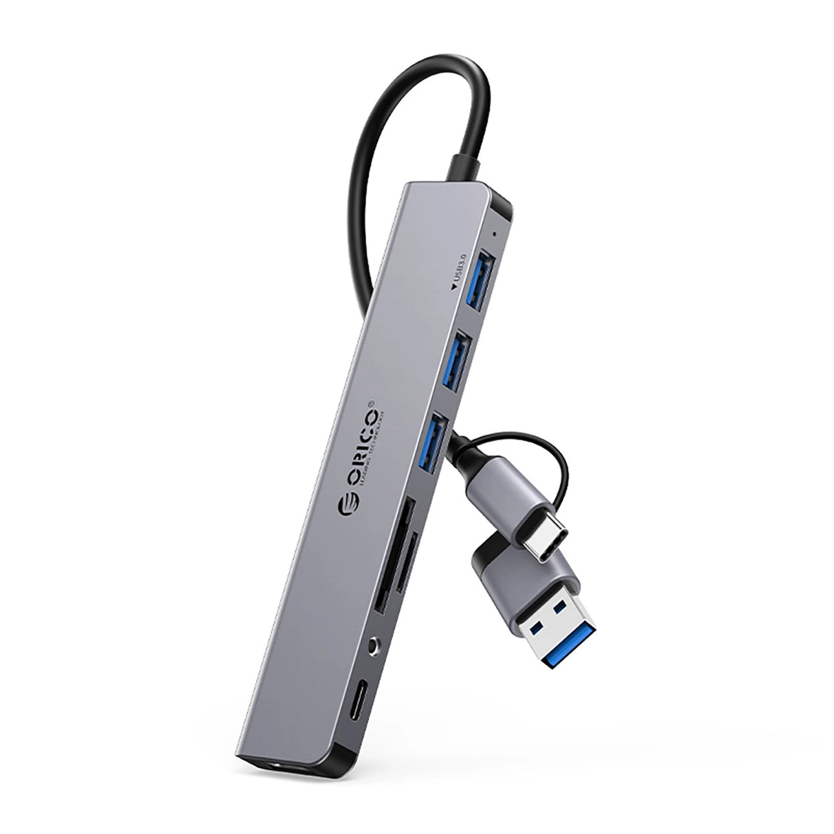 Orico YSA8-U3 USB-A/USB-C Hub Docking Station 3x USB-A 2.0 + 1x USB-A 3.0 + 1x USB-C 2.0 + 1x 3.5mm Audio + 2x TF&SD - Grå