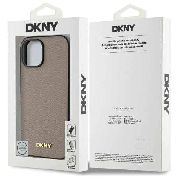 DKNY Grained Metal Logo MagSafe iPhone 15 Case - Beige