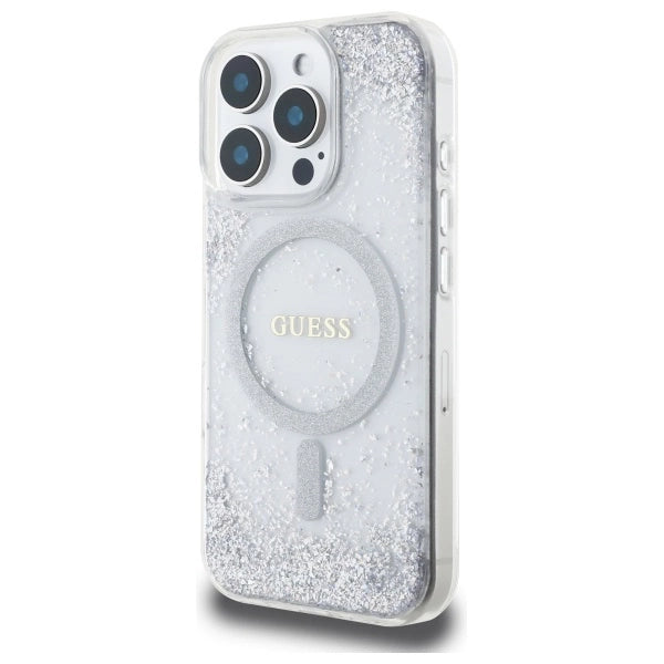 Guess Resin Gradient Glitter MagSafe-hylster til iPhone 16 Pro - sølv