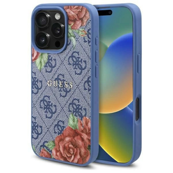 Guess 4G Flowers Print MagSafe-hylster til iPhone 16 Pro Max - blå