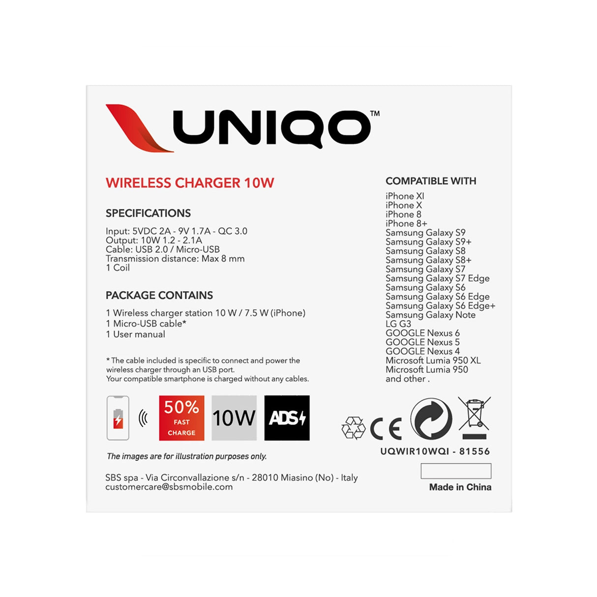 SBS UQWIR10WQI 10W Quick Charge 3.0 trådløs oplader - sort