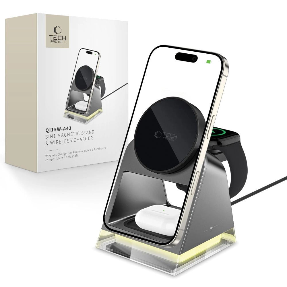Tech-Protect QI15W-A43 3in1 trådløs oplader med MagSafe til Apple-enheder - sort