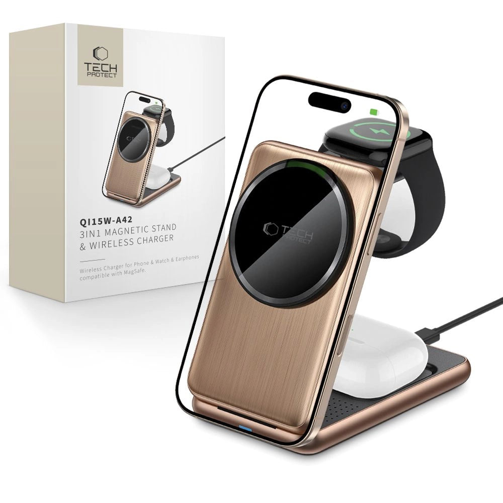 QI15W-A42 3in1 induktiv oplader med MagSafe til Apple-enheder - Guld