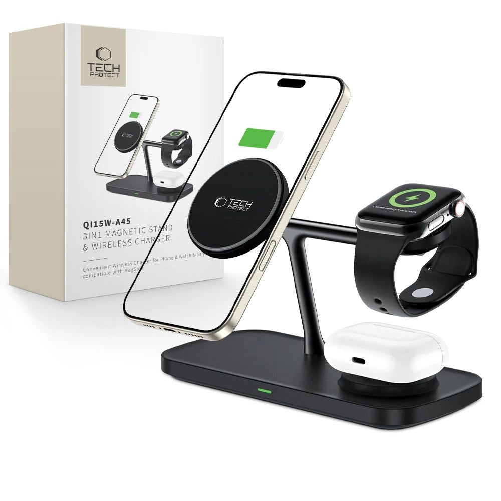Tech-Protect QI15W-A45 3in1 trådløs oplader med MagSafe til Apple-enheder - sort