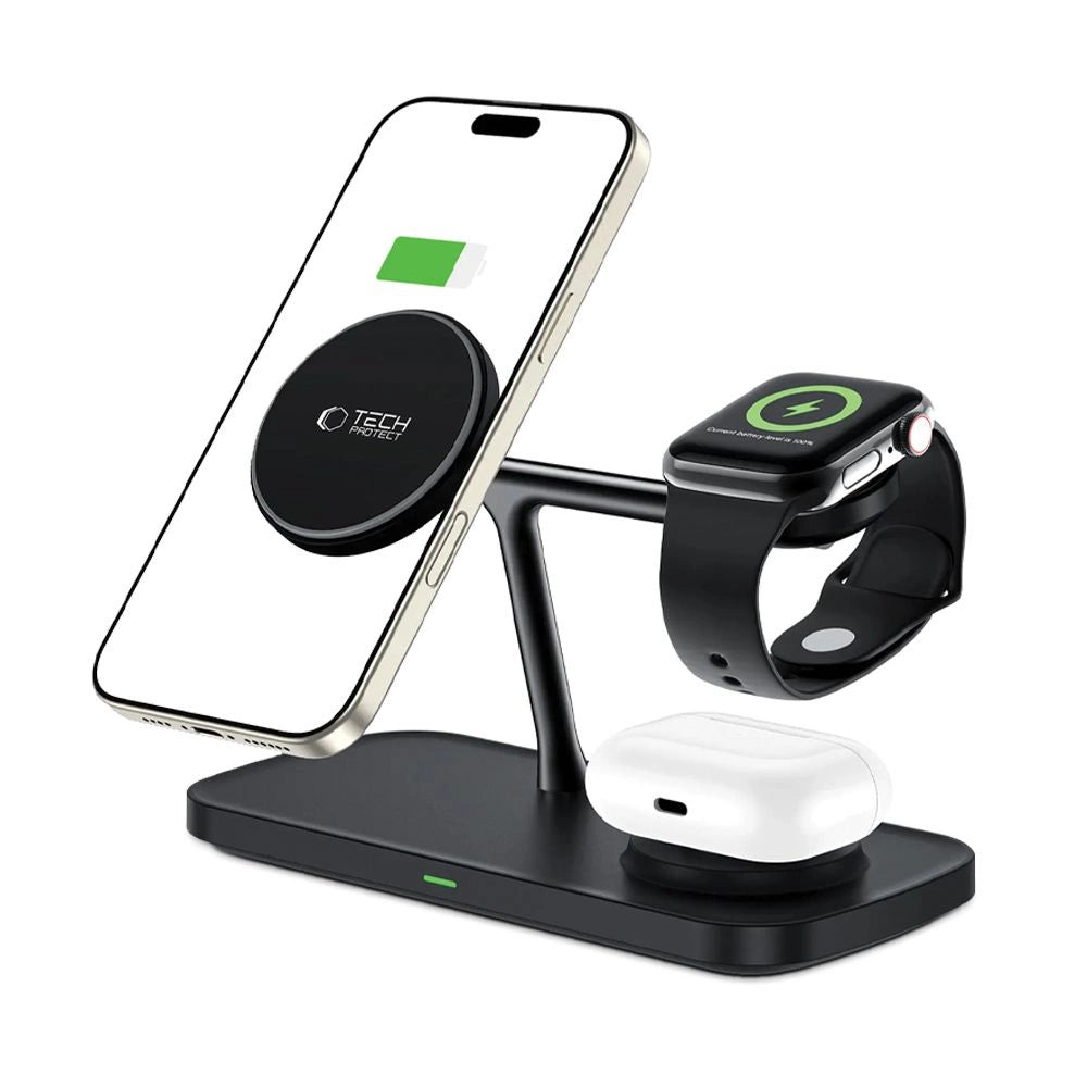 Tech-Protect QI15W-A45 3in1 trådløs oplader med MagSafe til Apple-enheder - sort