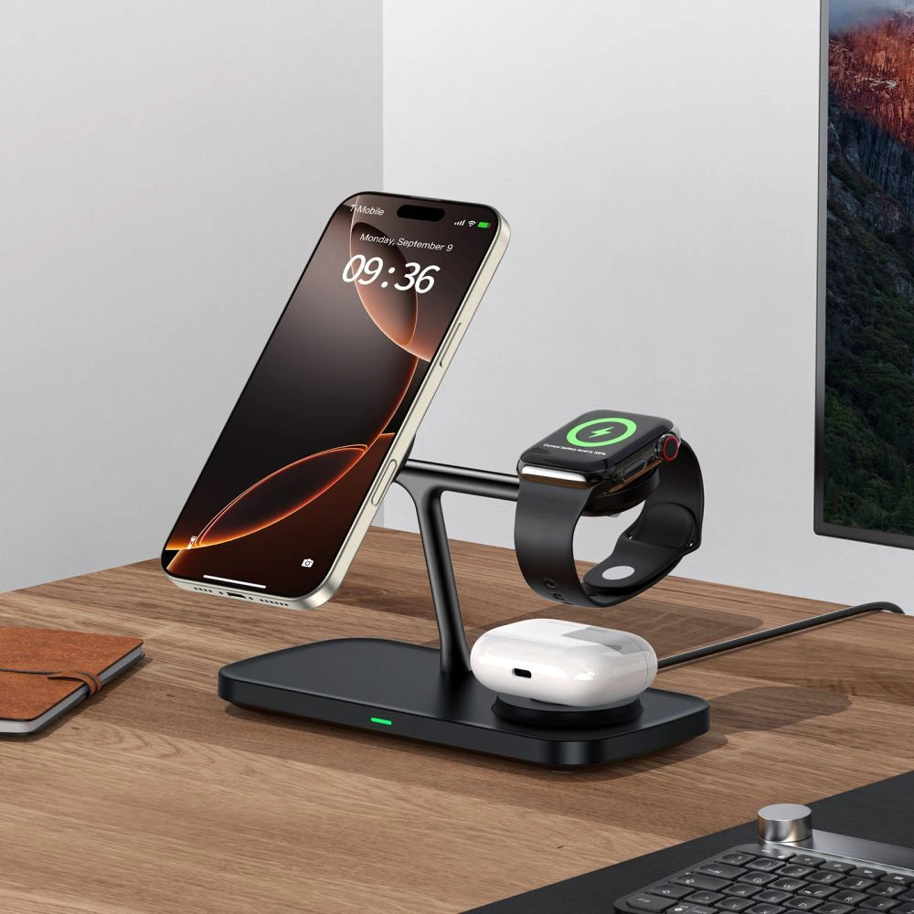 Tech-Protect QI15W-A45 3in1 trådløs oplader med MagSafe til Apple-enheder - sort