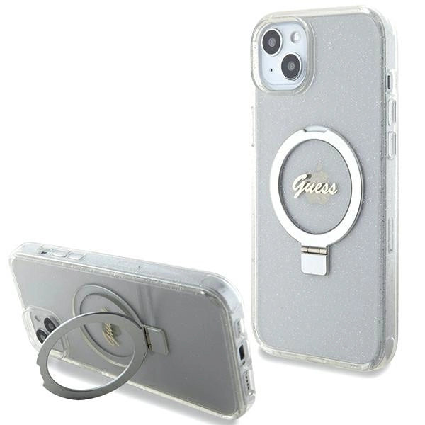 Guess GUHMP15MHRSGSD iPhone 15 Plus / 14 Plus 6.7" gennemsigtige/gennemsigtige hardcase Ring Stand Script Glitter MagSafe