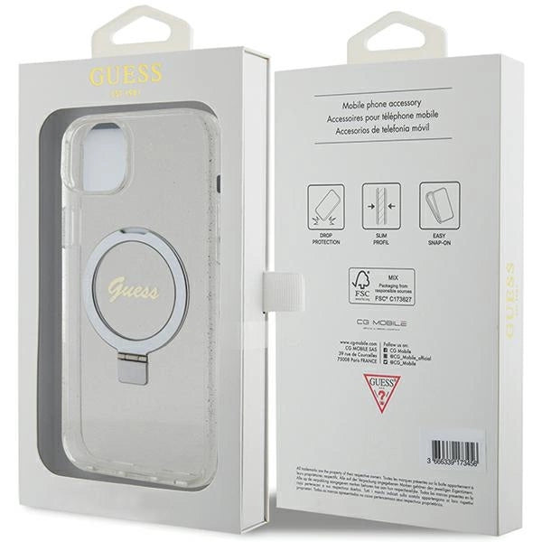 Guess GUHMP15MHRSGSD iPhone 15 Plus / 14 Plus 6.7" gennemsigtige/gennemsigtige hardcase Ring Stand Script Glitter MagSafe