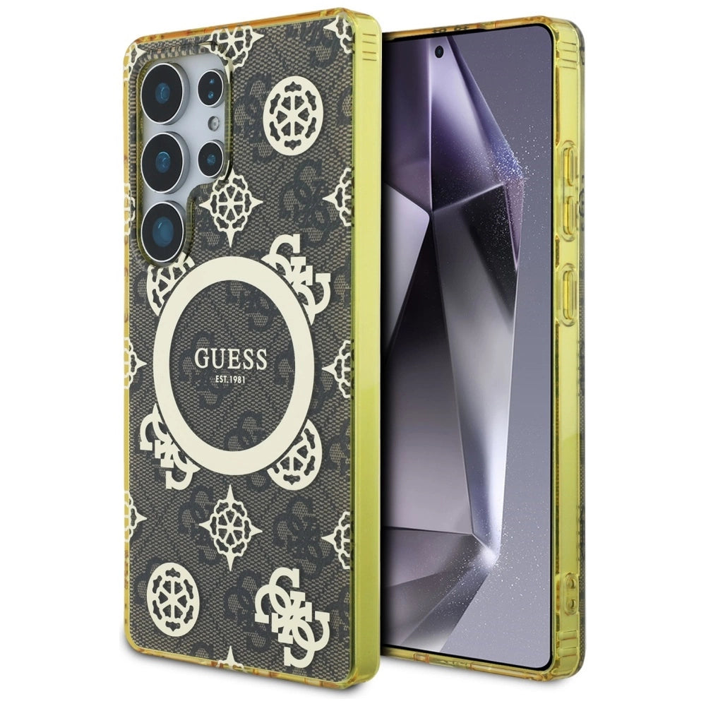 Guess 4G Baggrund Guld Elektrobelagt Peony mønster MagSafe Case til Samsung Galaxy S25 Ultra Brown