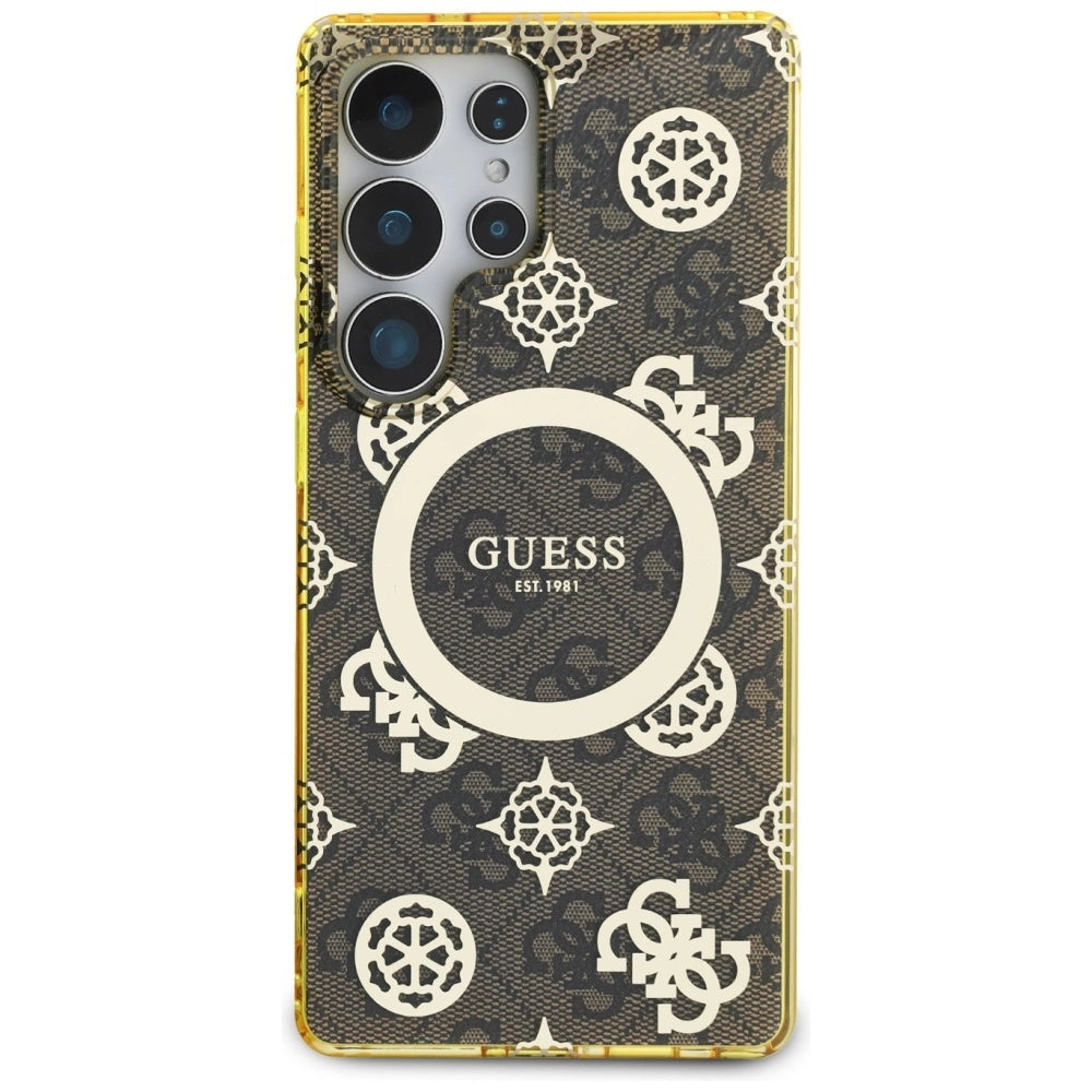 Guess 4G Baggrund Guld Elektrobelagt Peony mønster MagSafe Case til Samsung Galaxy S25 Ultra Brown