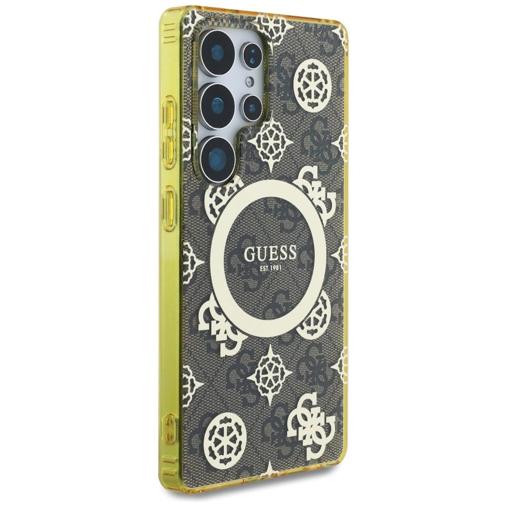 Guess 4G Baggrund Guld Elektrobelagt Peony mønster MagSafe Case til Samsung Galaxy S25 Ultra Brown