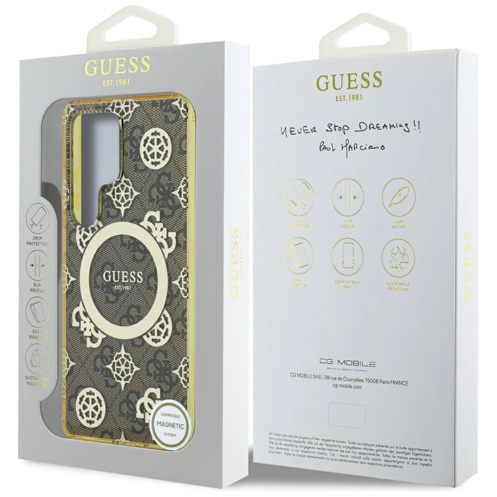 Guess 4G Baggrund Guld Elektrobelagt Peony mønster MagSafe Case til Samsung Galaxy S25 Ultra Brown